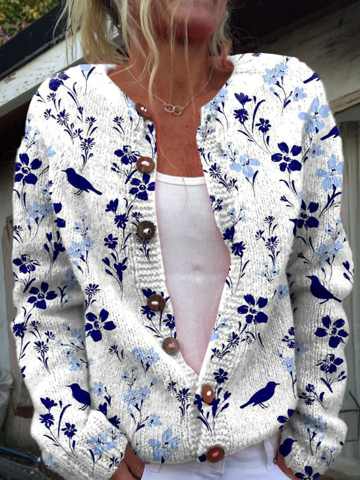 Hazel | Vintage Floral Bird Print Button-Front Cardigan Sweater