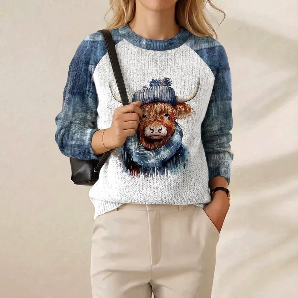 Frances – Blue & Cream Sweater with Highland Cow Pattern