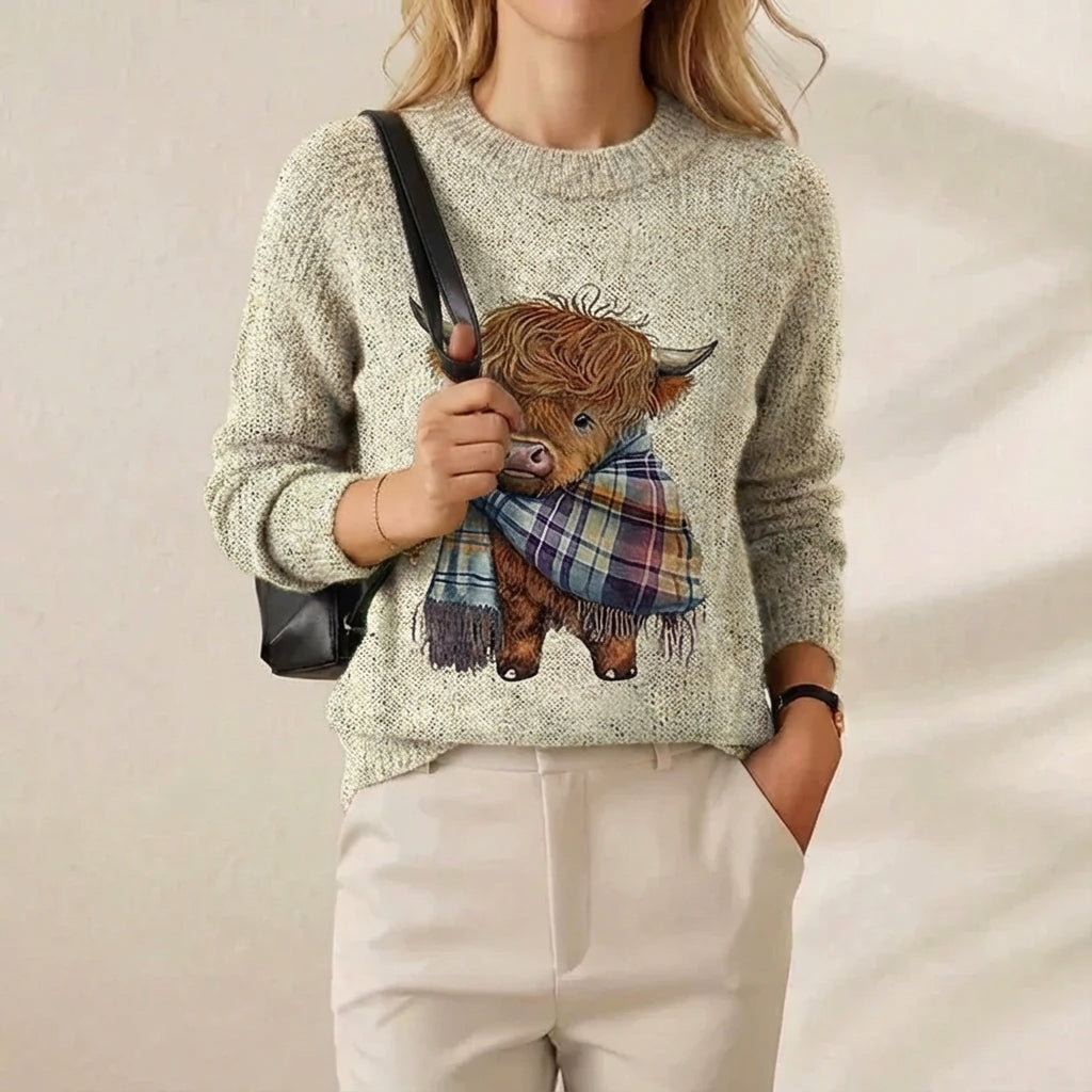 Susan – Cream Sweater with Highland Cow Pattern