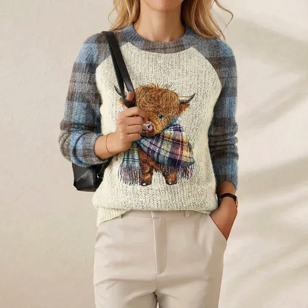 Deborah – Light Blue & Cream Sweater with Highland Cow Pattern