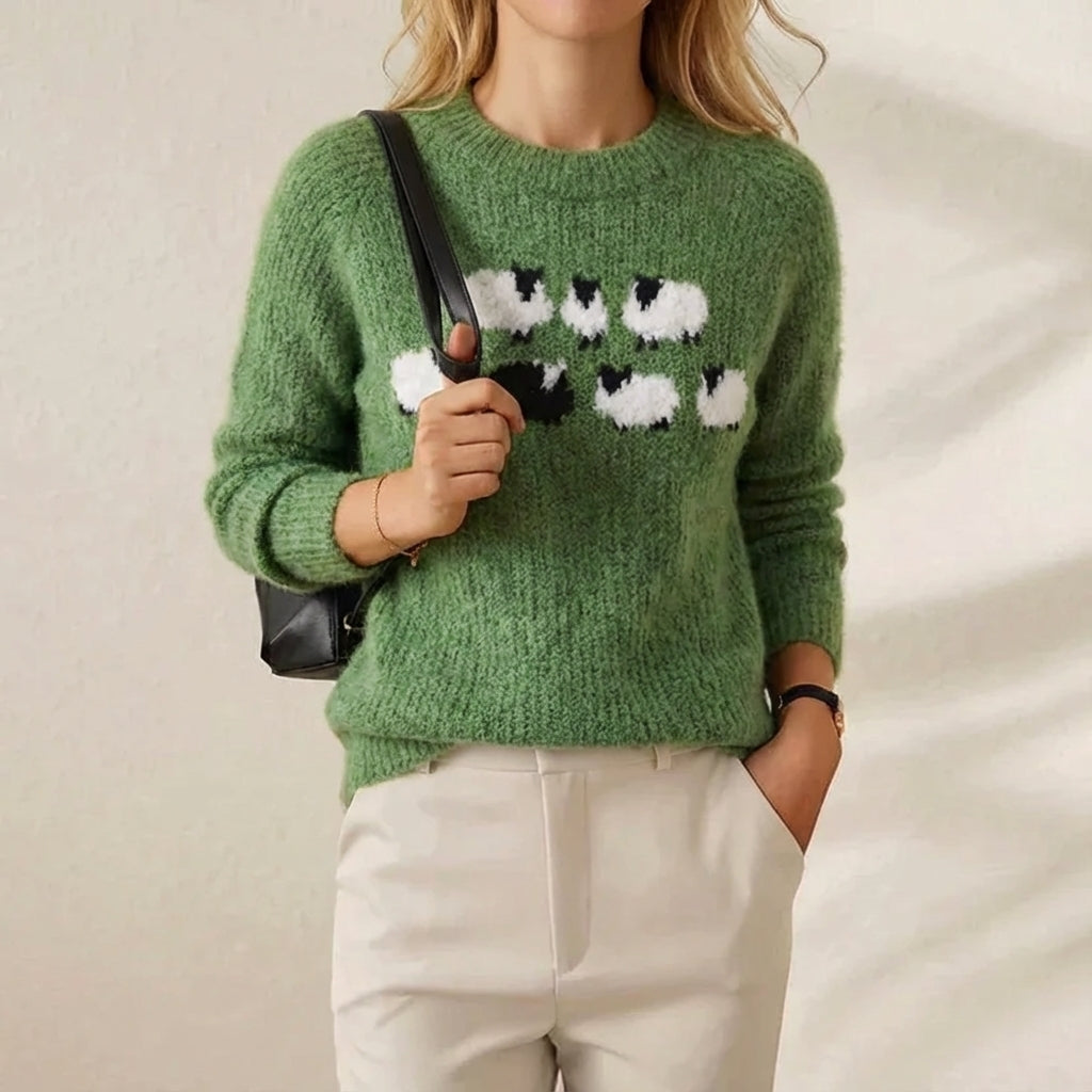 Florence – Green Sweater with Sheep Pattern