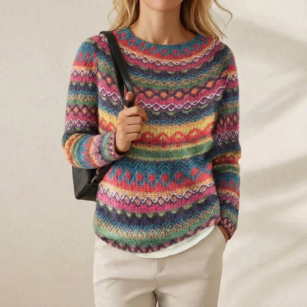 Eleanor – Sweater with Rainbow Fair Isle Stripes