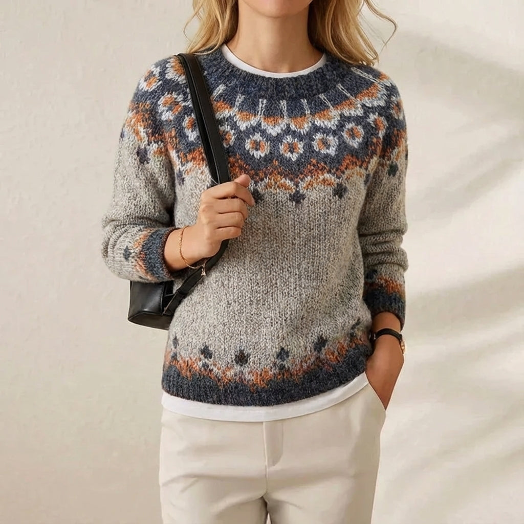 Dorothy – Gray Sweater with Geometric Nordic Pattern