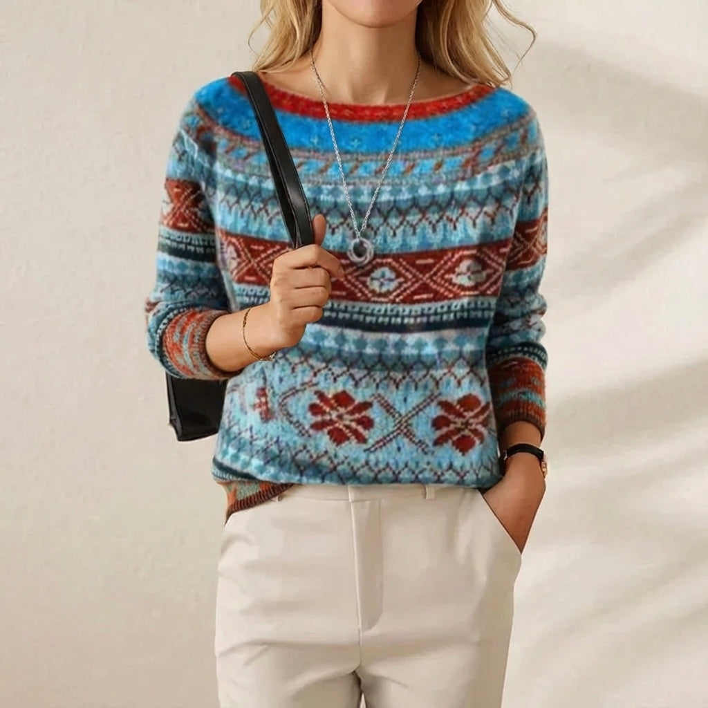 Sylvia – Blue-Red Sweater with Fair Isle Bands