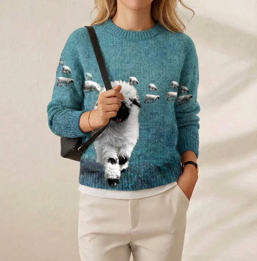 Elsie – Teal Sweater with Sheep Pattern