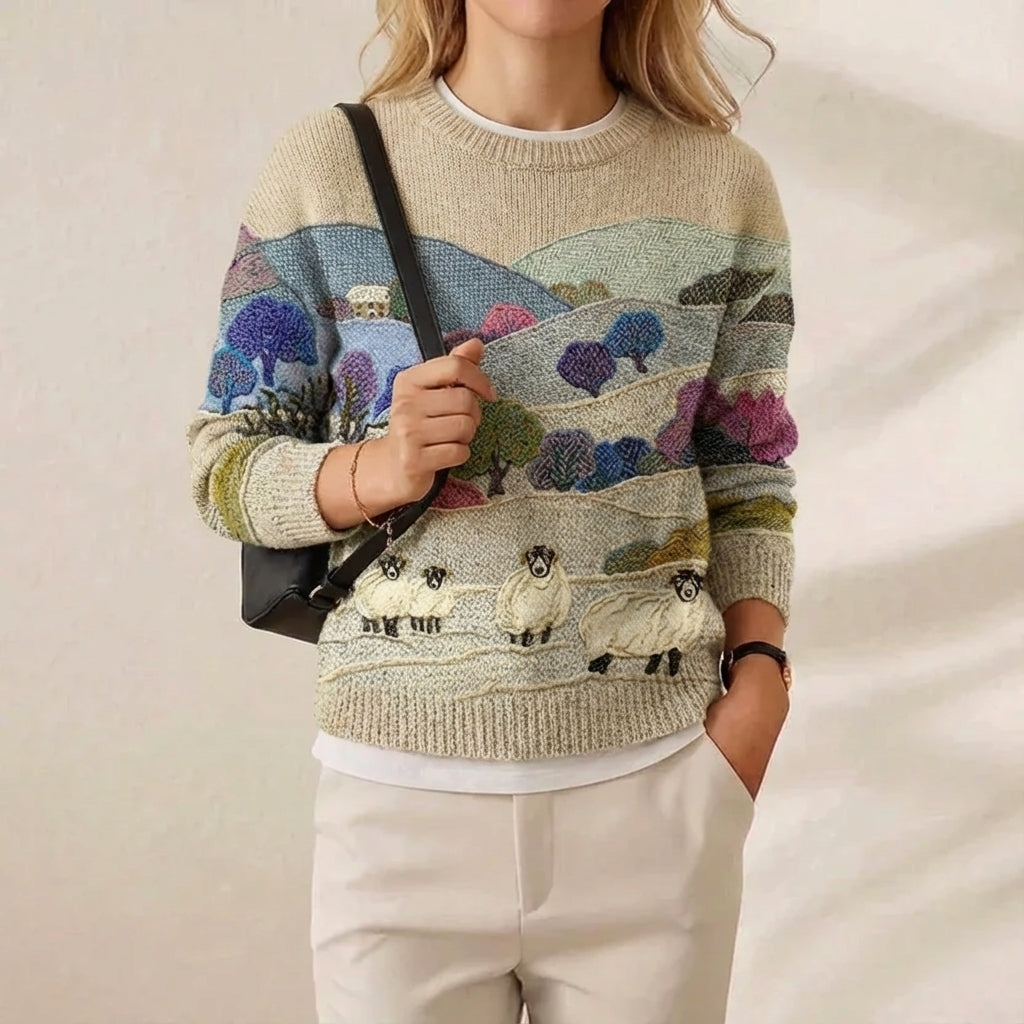 Lucy – Multicolor Sweater with Landscape & Sheep Pattern
