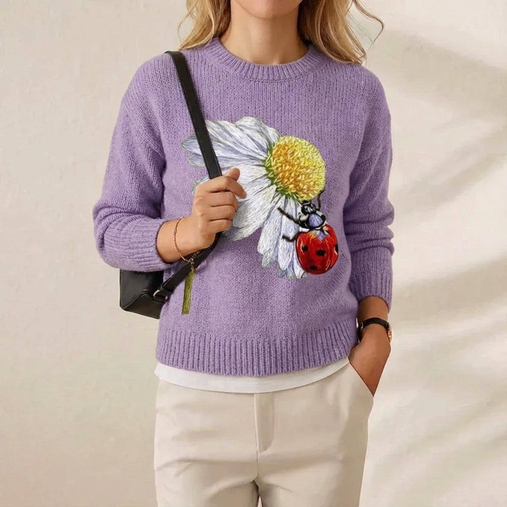Joan – Purple Sweater with Daisy & Ladybug