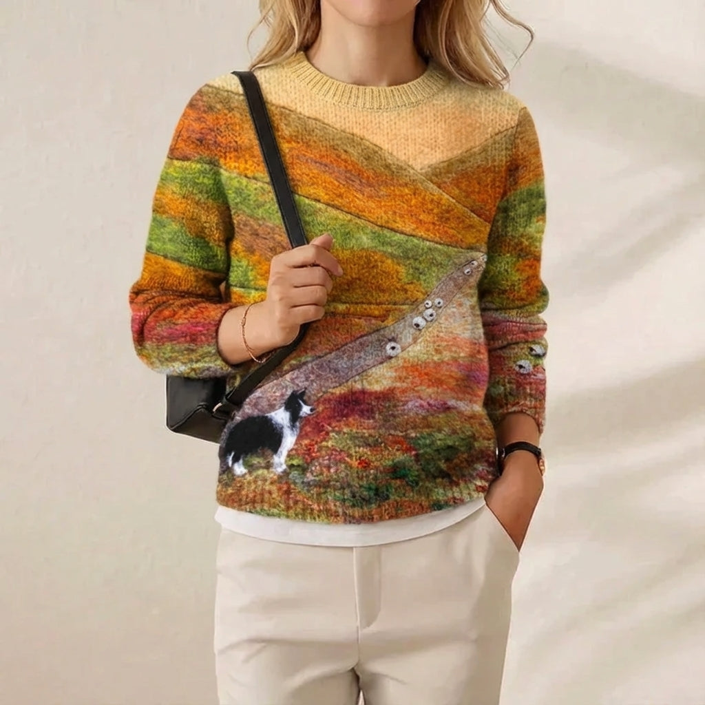Isla – Multicolor Landscape Sweater with Dog and Sheep
