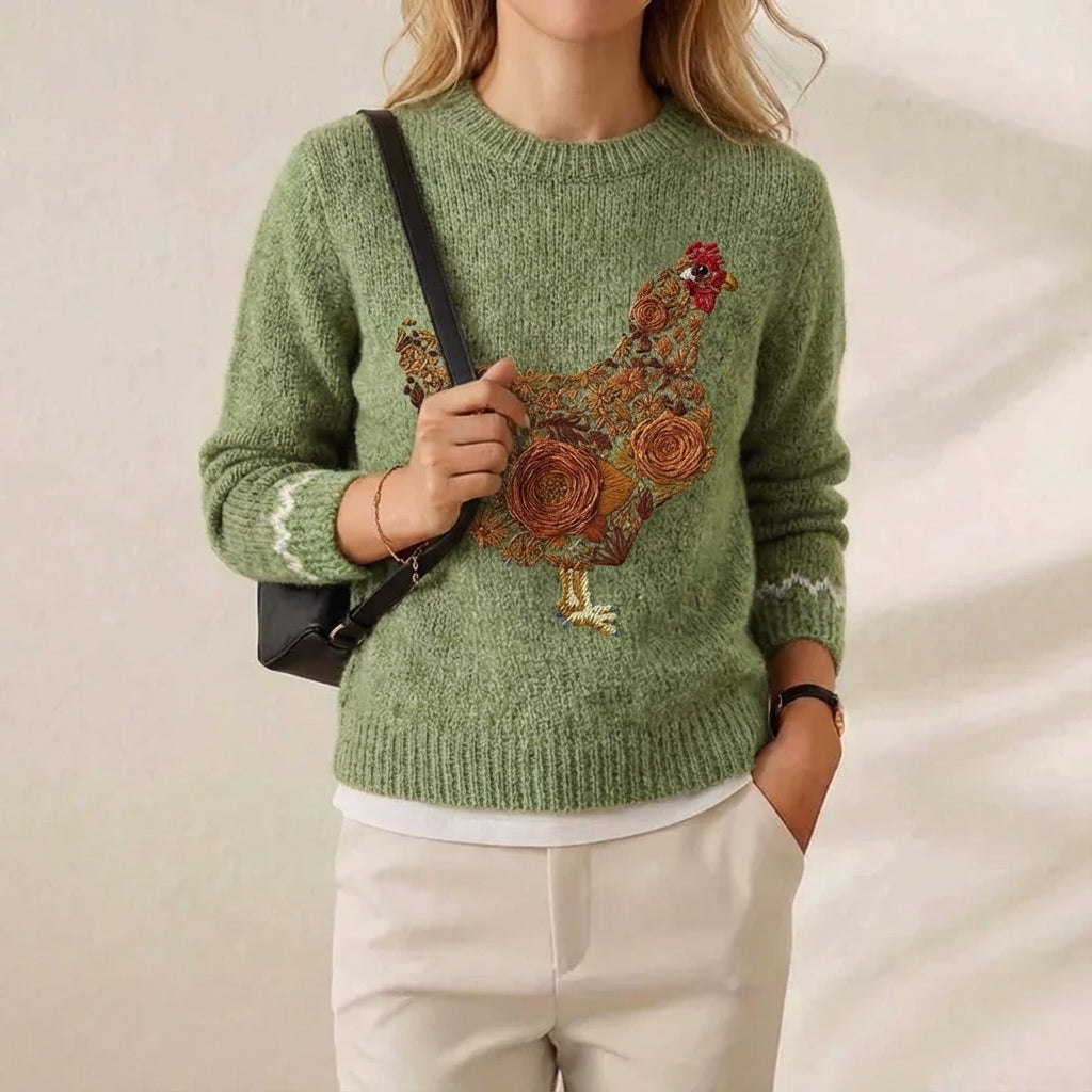 Julia – Green Sweater with Floral Hen Pattern