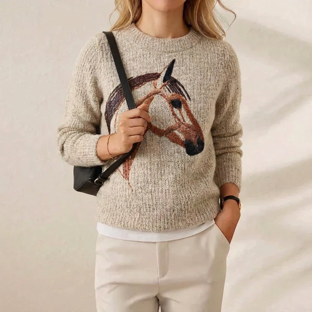 Catherine – Cream Sweater with Horse Design