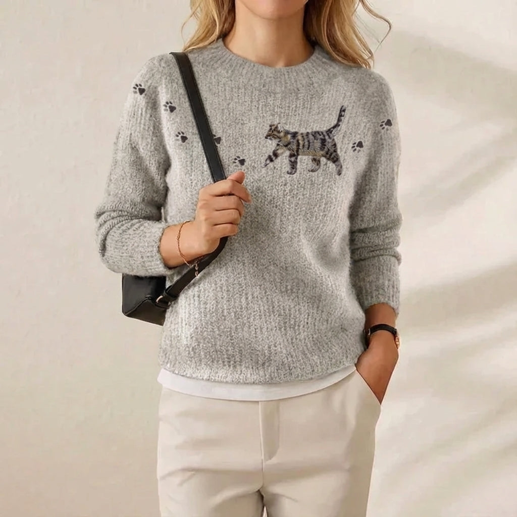 Hannah – Gray Sweater with Kitten & Paw Prints