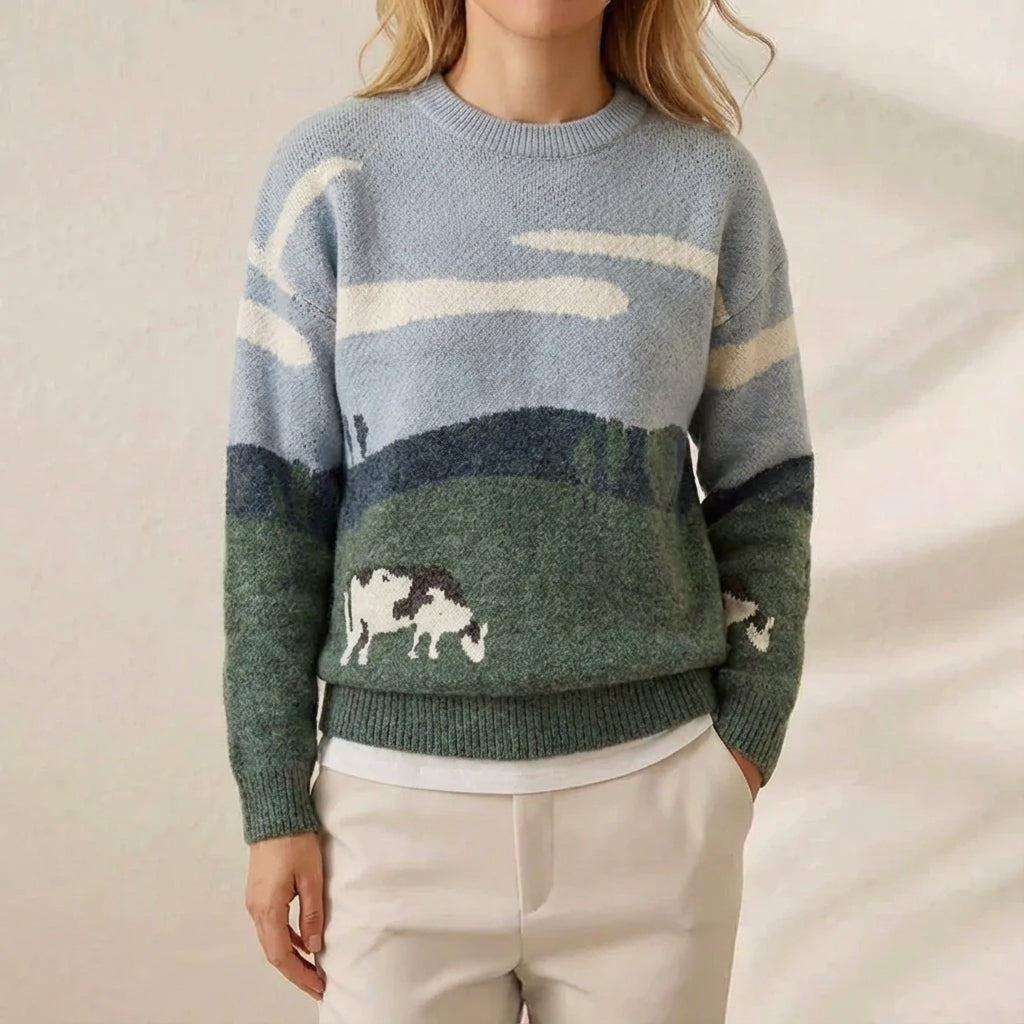 Anne – Multicolor Cow Sweater with Landscape