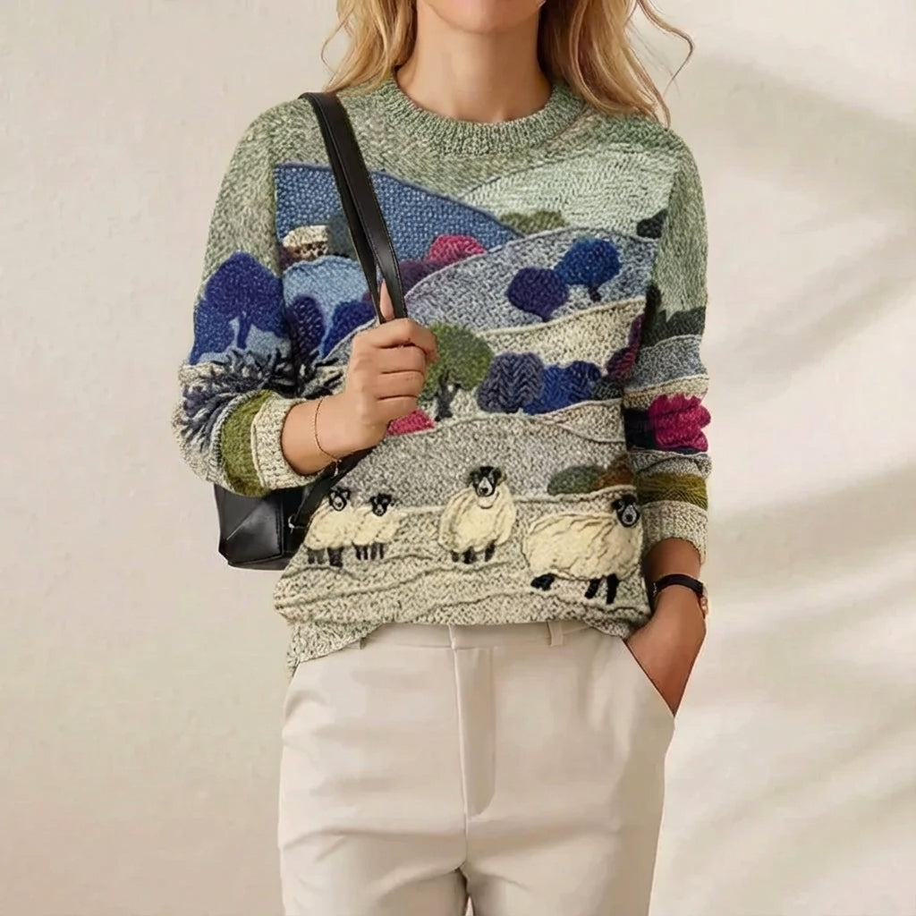 Rose – Blue & Green Sweater with Landscape & Sheep Pattern