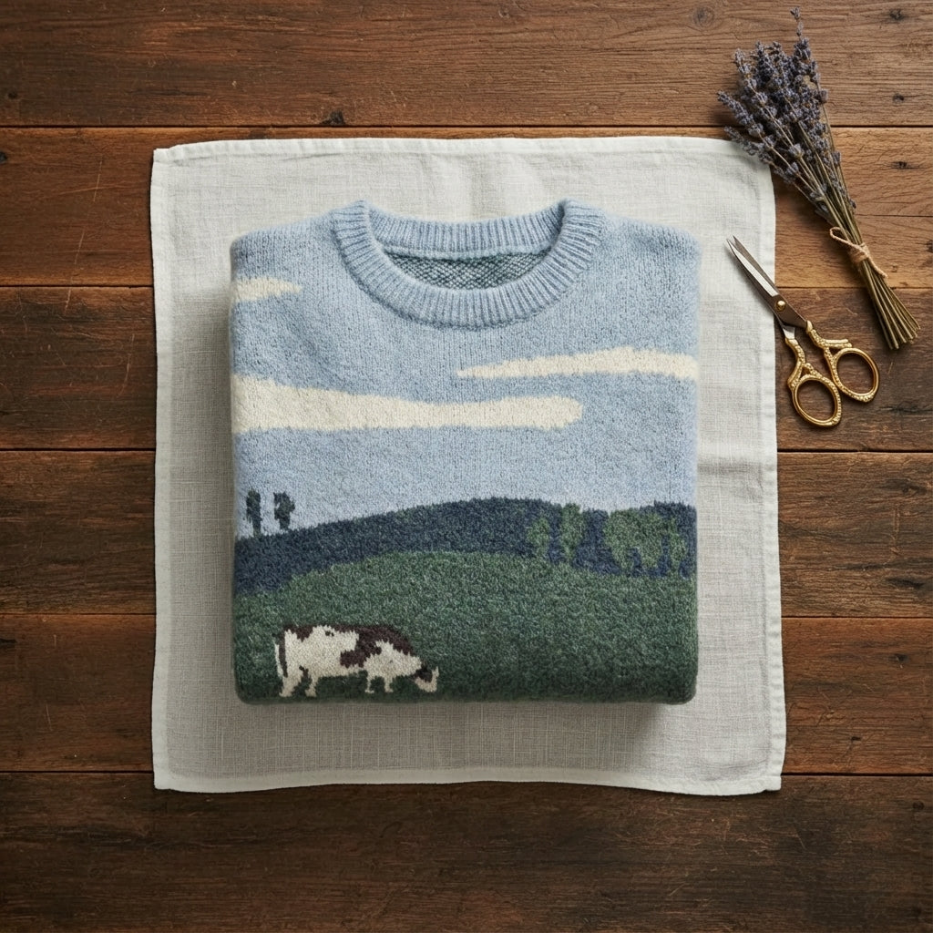 Anne – Multicolor Cow Sweater with Landscape