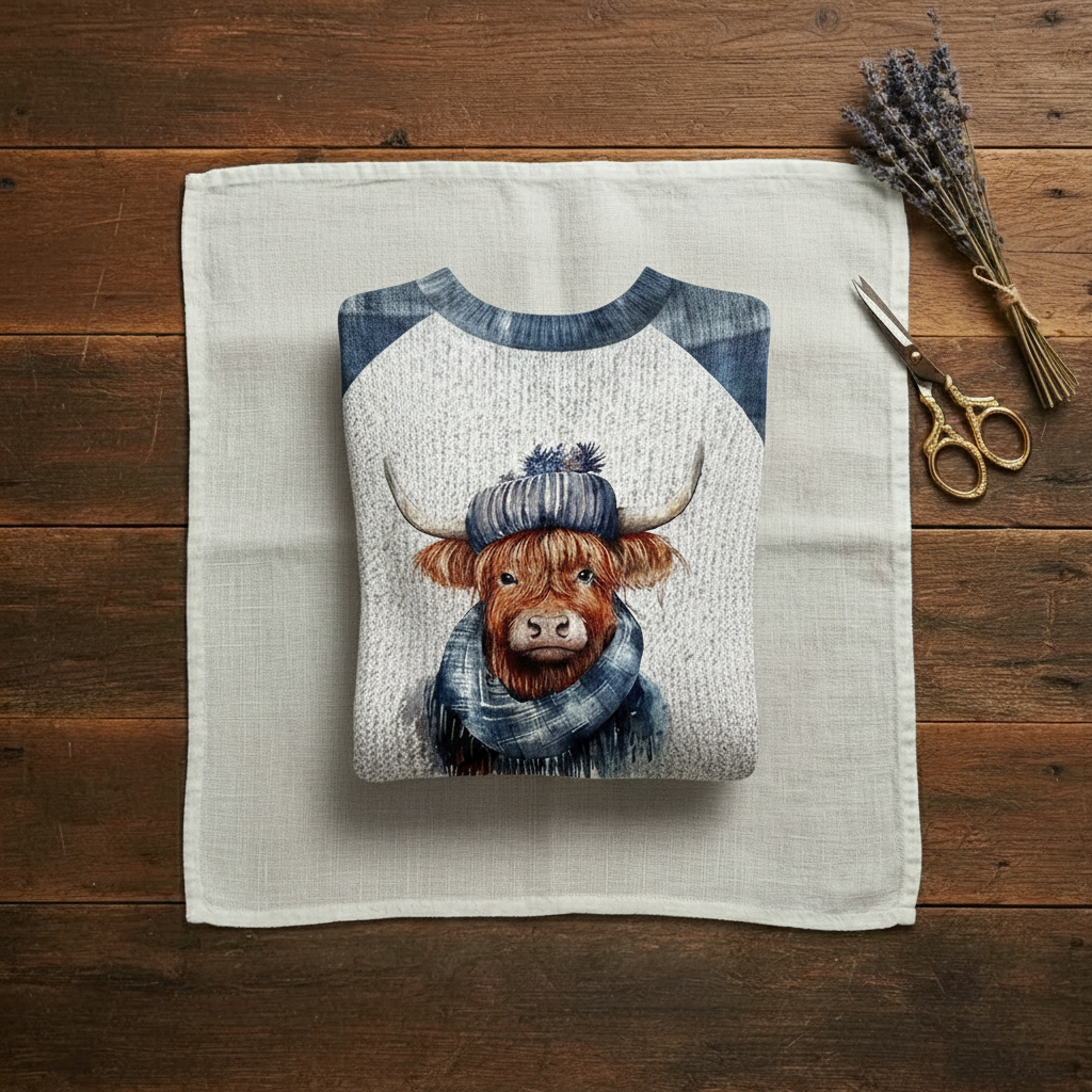 Frances – Blue & Cream Sweater with Highland Cow Pattern
