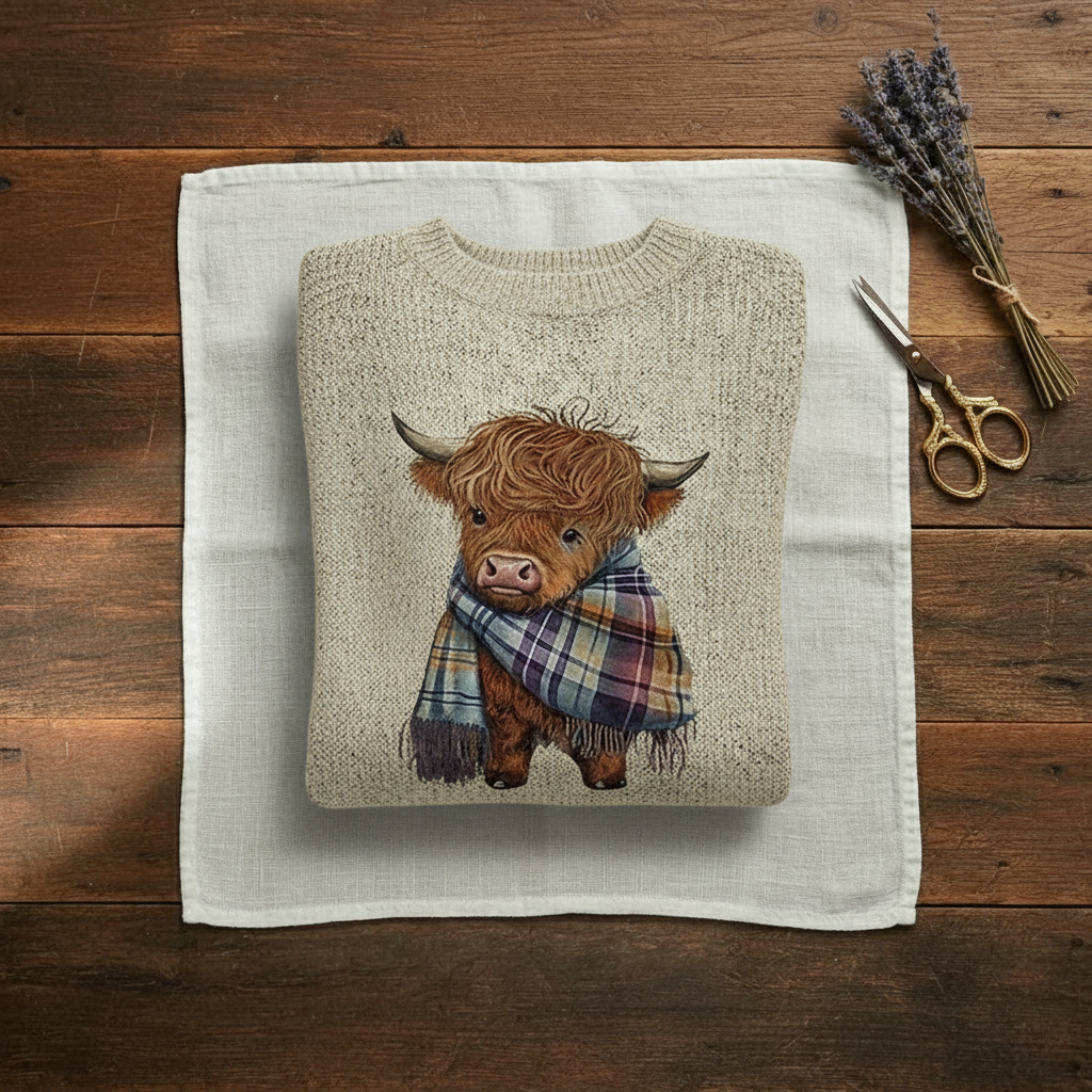 Susan – Cream Sweater with Highland Cow Pattern