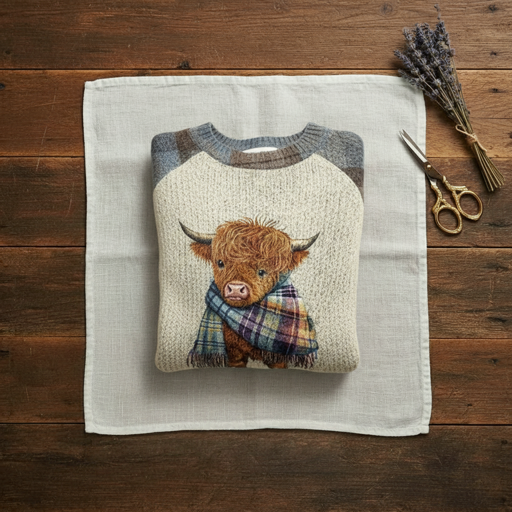 Deborah – Light Blue & Cream Sweater with Highland Cow Pattern