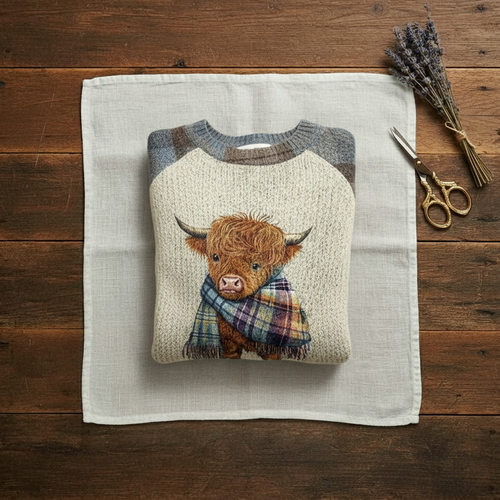Deborah – Light Blue & Cream Sweater with Highland Cow Pattern