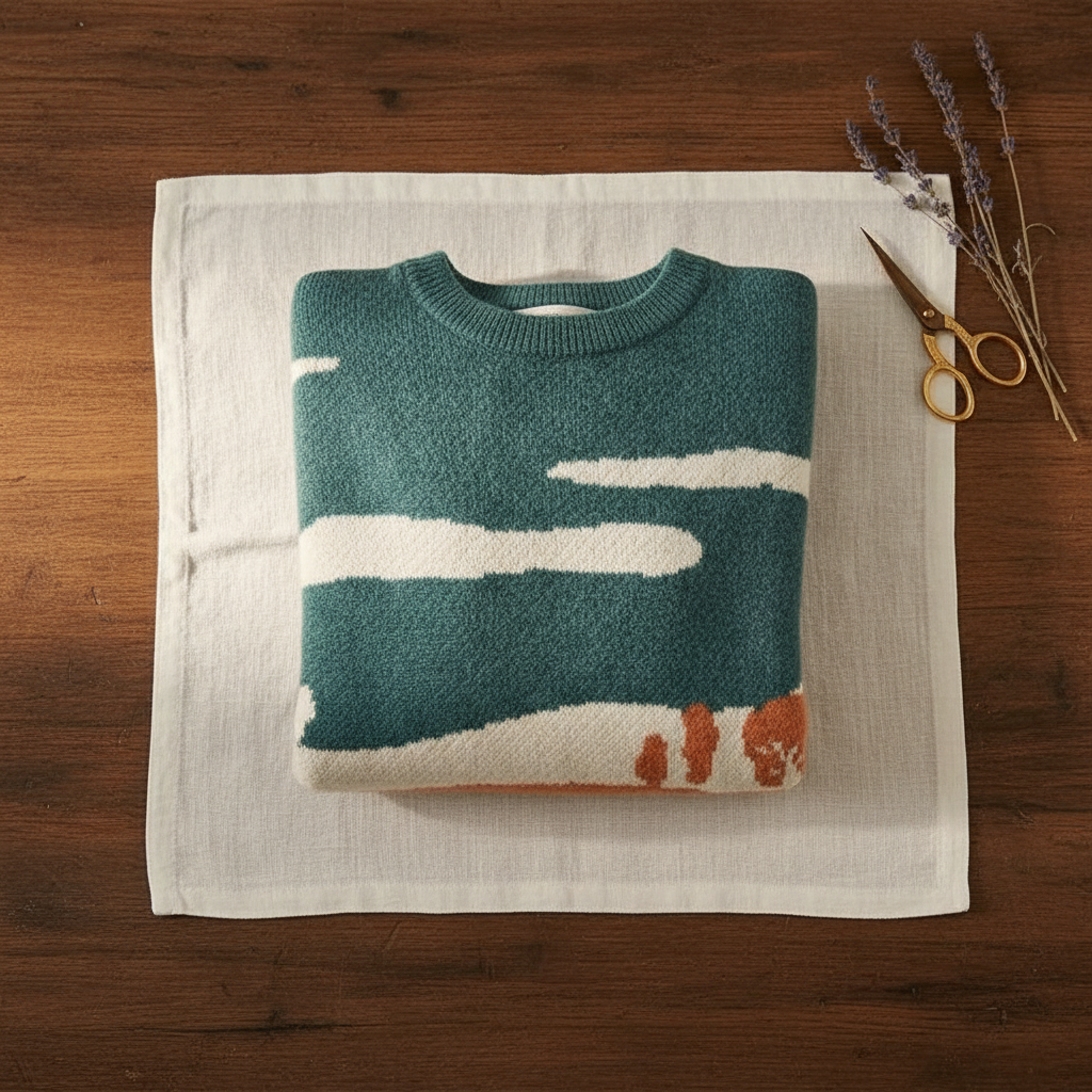 Zoe – Teal & Orange Sweater with Landscape & Cow Design