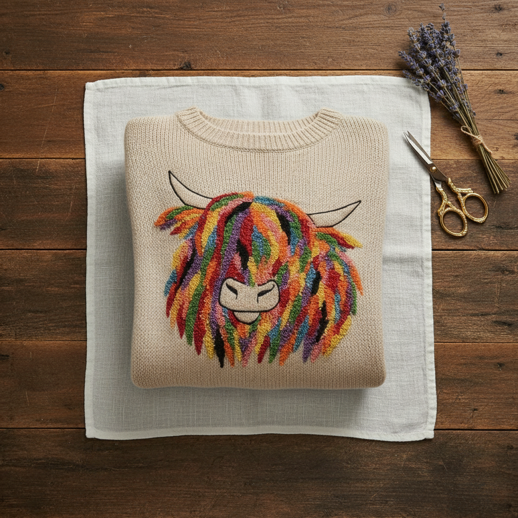 Emma – Cream Sweater with Rainbow Cow Design