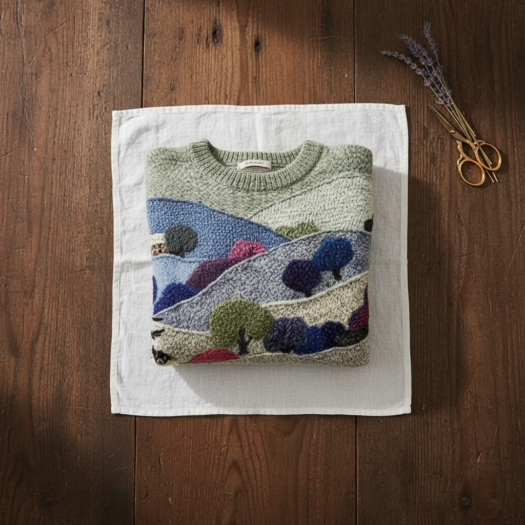 Rose – Blue & Green Sweater with Landscape & Sheep Pattern