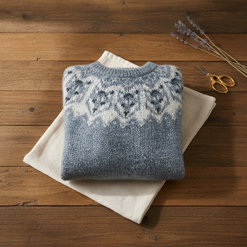 Rachel – Blue Sweater with Wolf Pattern