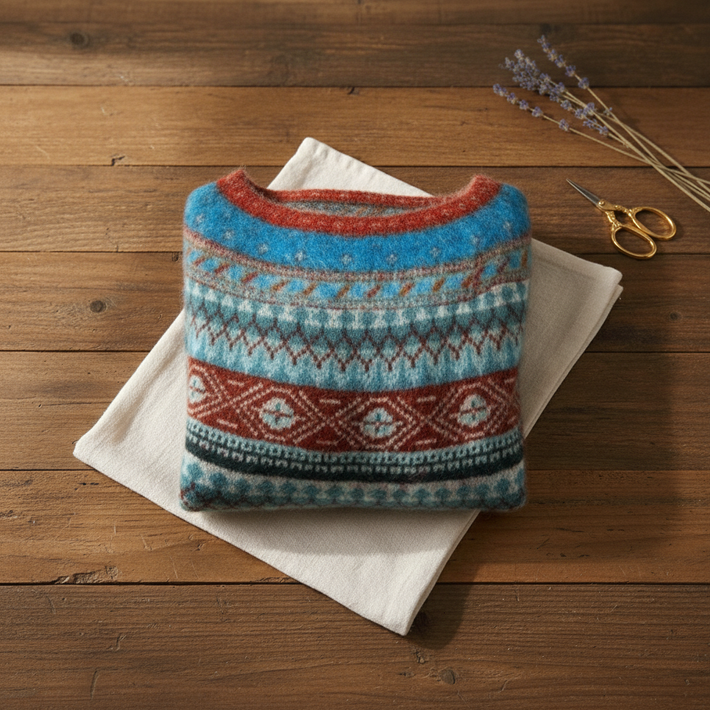 Sylvia – Blue-Red Sweater with Fair Isle Bands