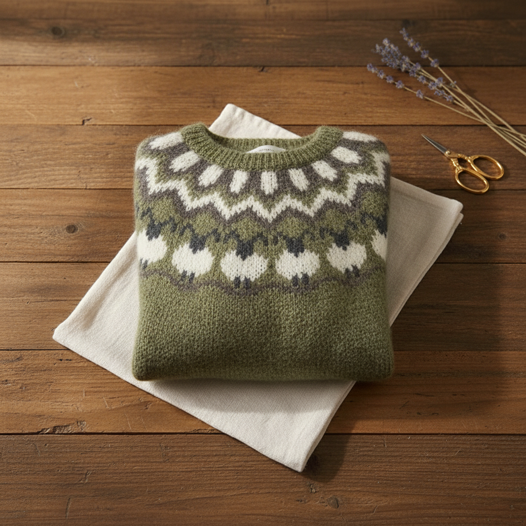 Pamela – Olive Sweater with Sheep Pattern