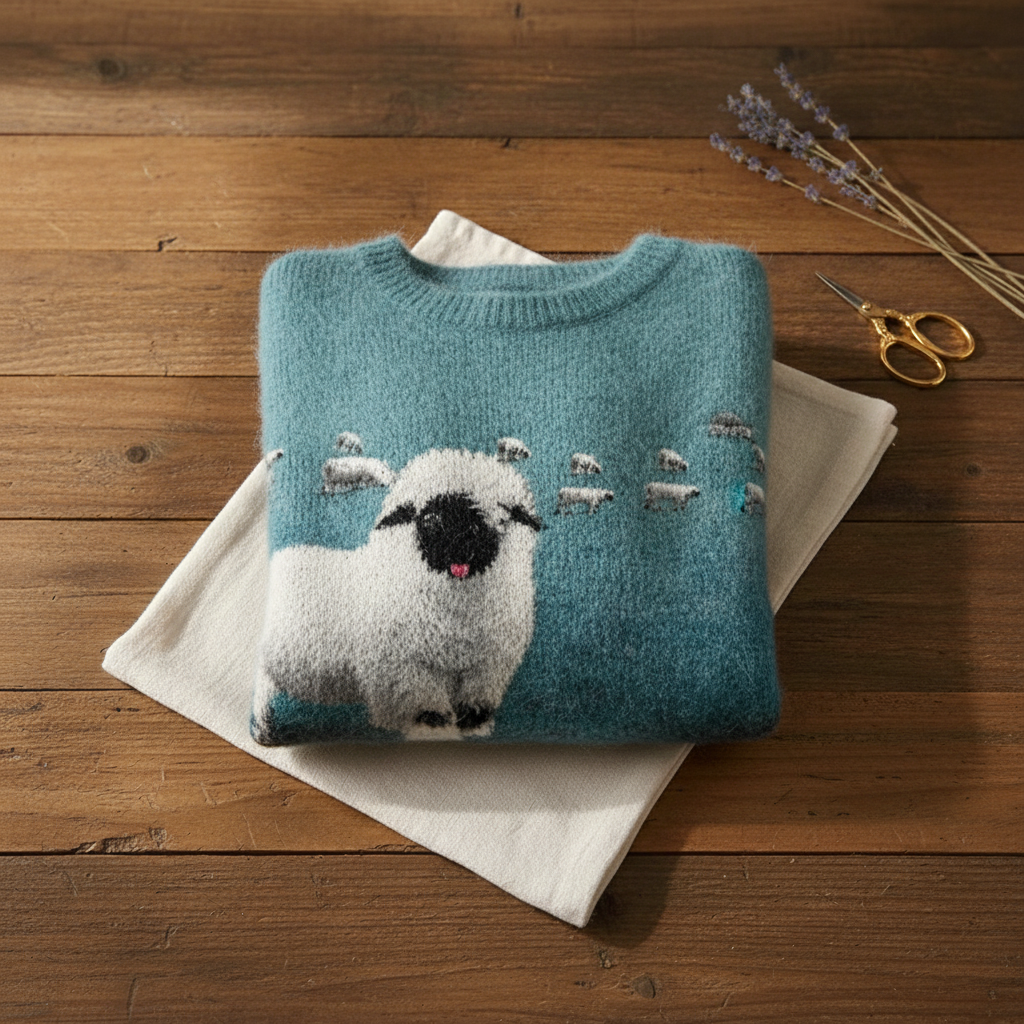 Elsie – Teal Sweater with Sheep Pattern
