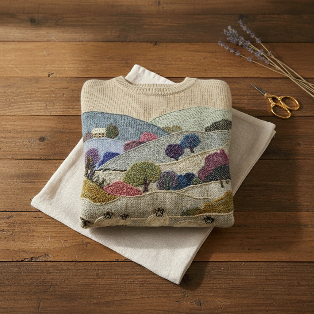 Lucy – Multicolor Sweater with Landscape & Sheep Pattern