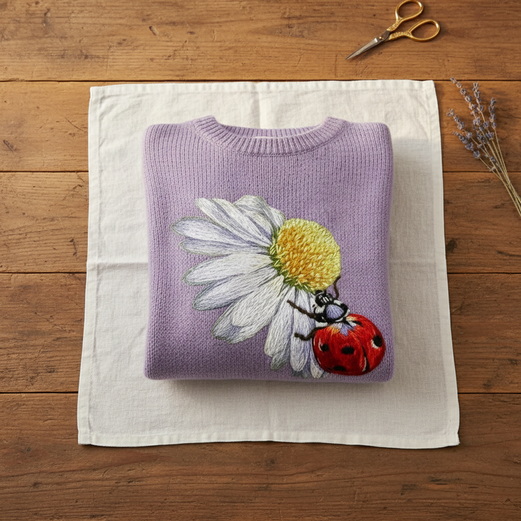 Joan – Purple Sweater with Daisy & Ladybug