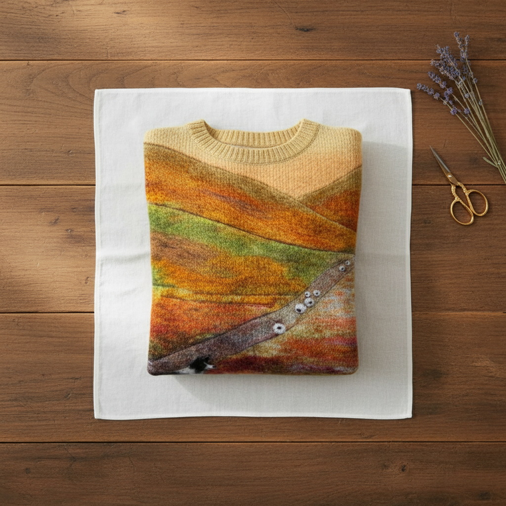 Isla – Multicolor Landscape Sweater with Dog and Sheep