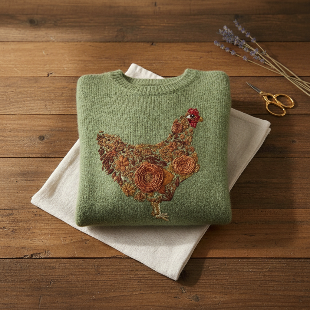 Julia – Green Sweater with Floral Hen Pattern