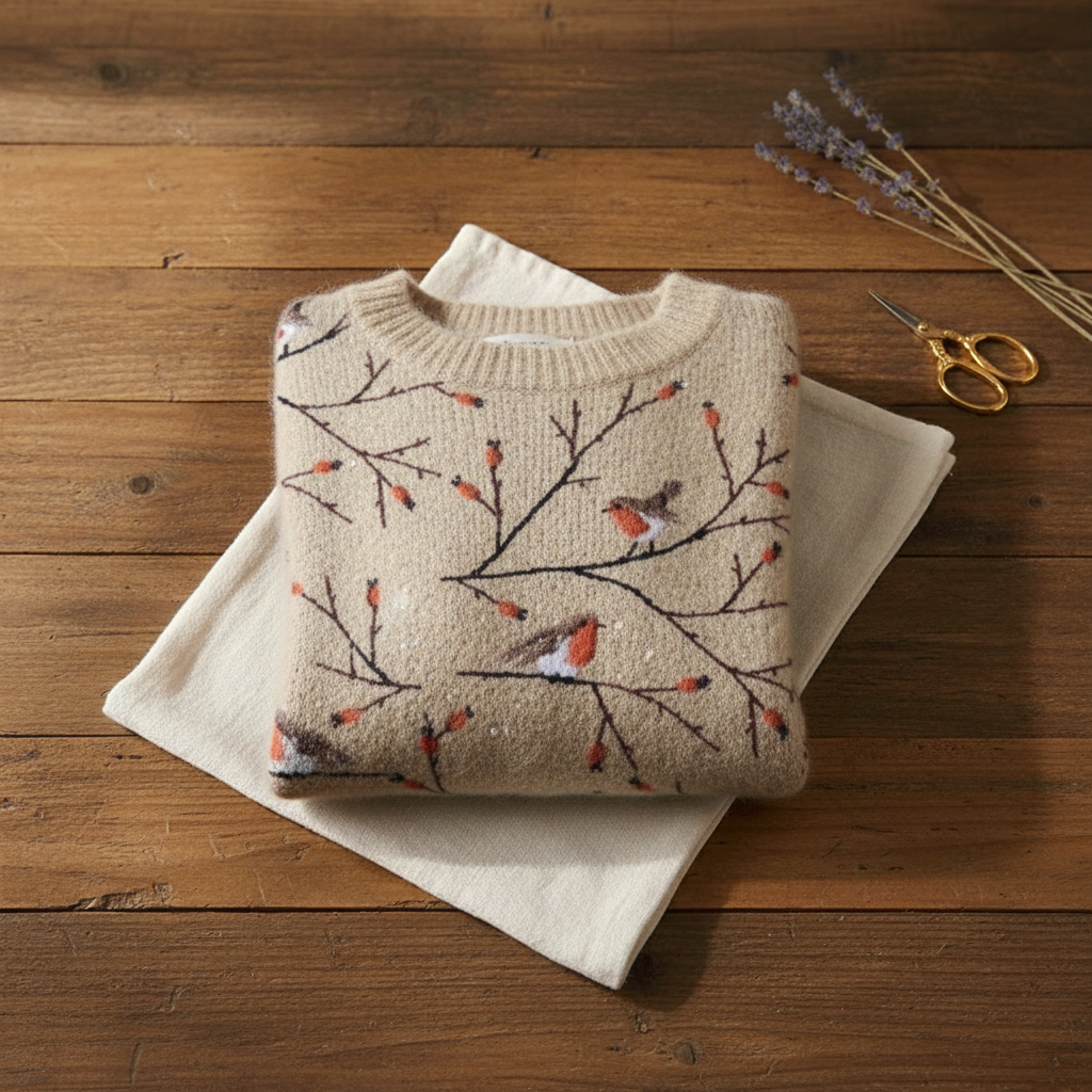Charlotte – Cream Sweater with Robin & Branches Pattern