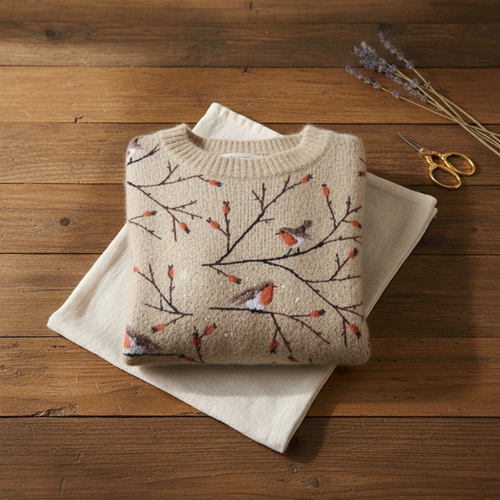 Charlotte – Cream Sweater with Robin & Branches Pattern