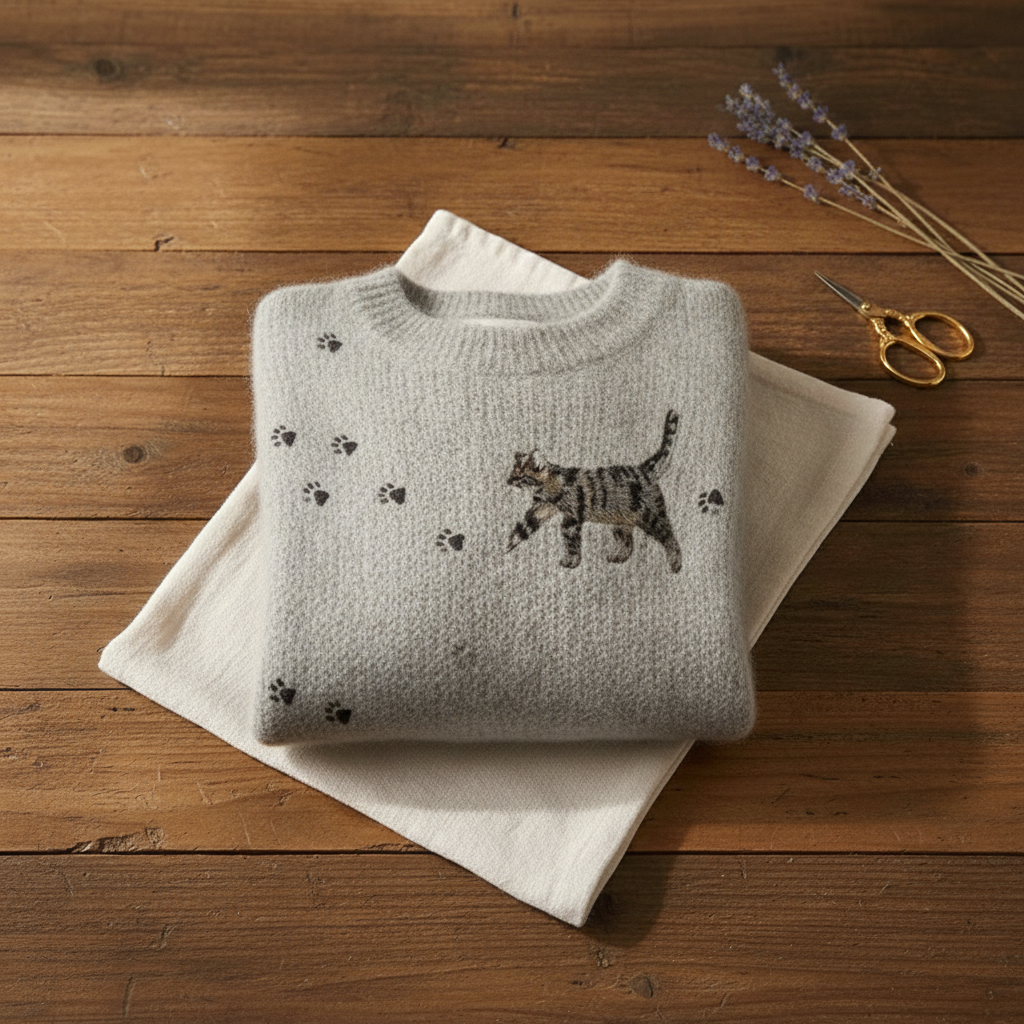 Hannah – Gray Sweater with Kitten & Paw Prints