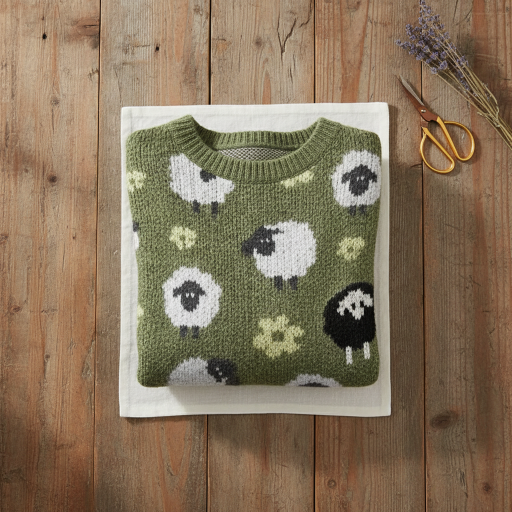 Irene – Green Sweater with Sheep Pattern