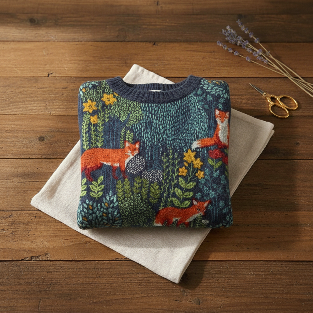 Mabel – Navy Sweater with Fox & Forest Pattern