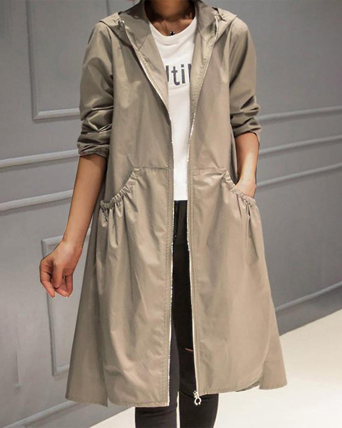 Women's Waterproof Long Hooded Trench Coat for Fall and Winter
