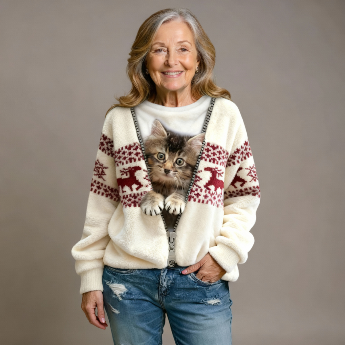 Poppy | Comfortable Flannel Sweater with Retro Christmas Animal Art for Women
