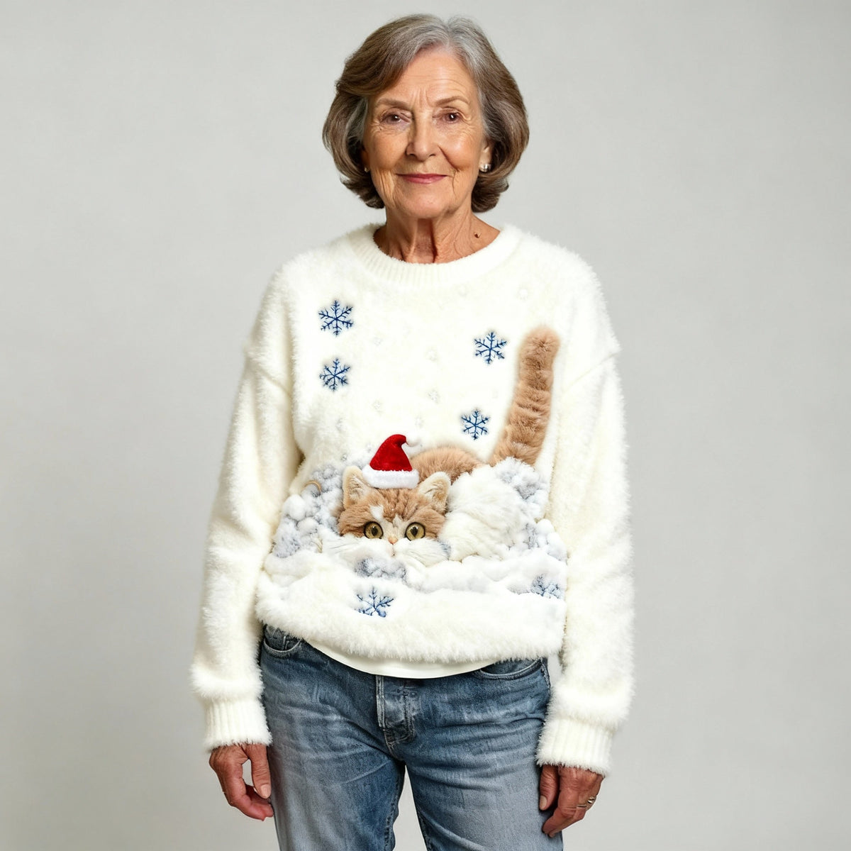 Lottie | Casual Flannel Sweater with Christmas Cat Print for Women