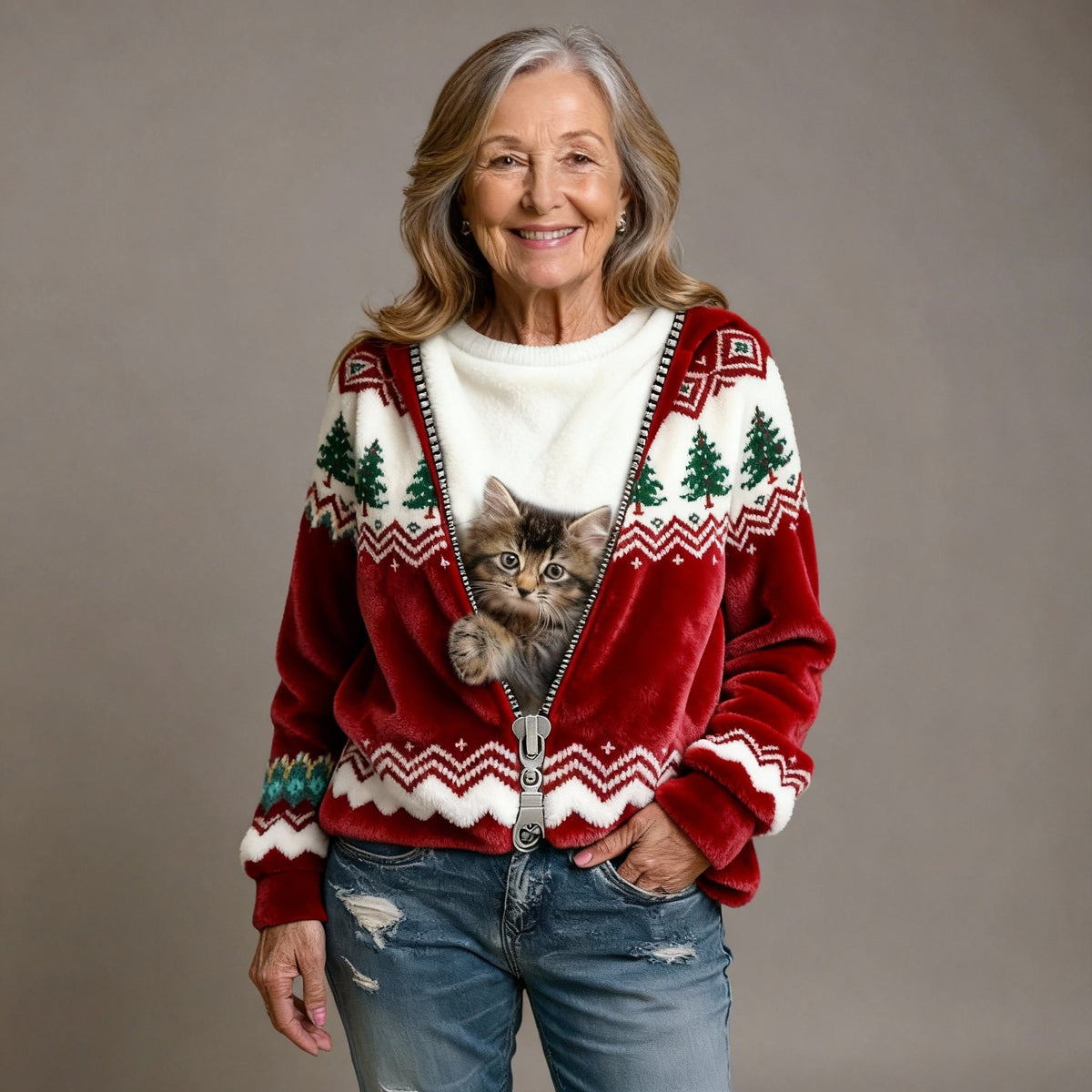 Robin | Comfortable Flannel Sweater with Retro Christmas Animal Art Print for Women