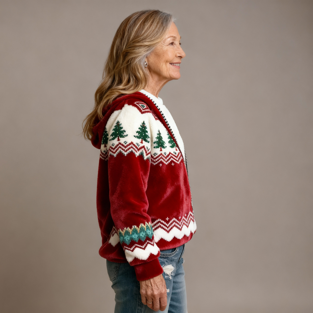 Robin | Comfortable Flannel Sweater with Retro Christmas Animal Art Print for Women