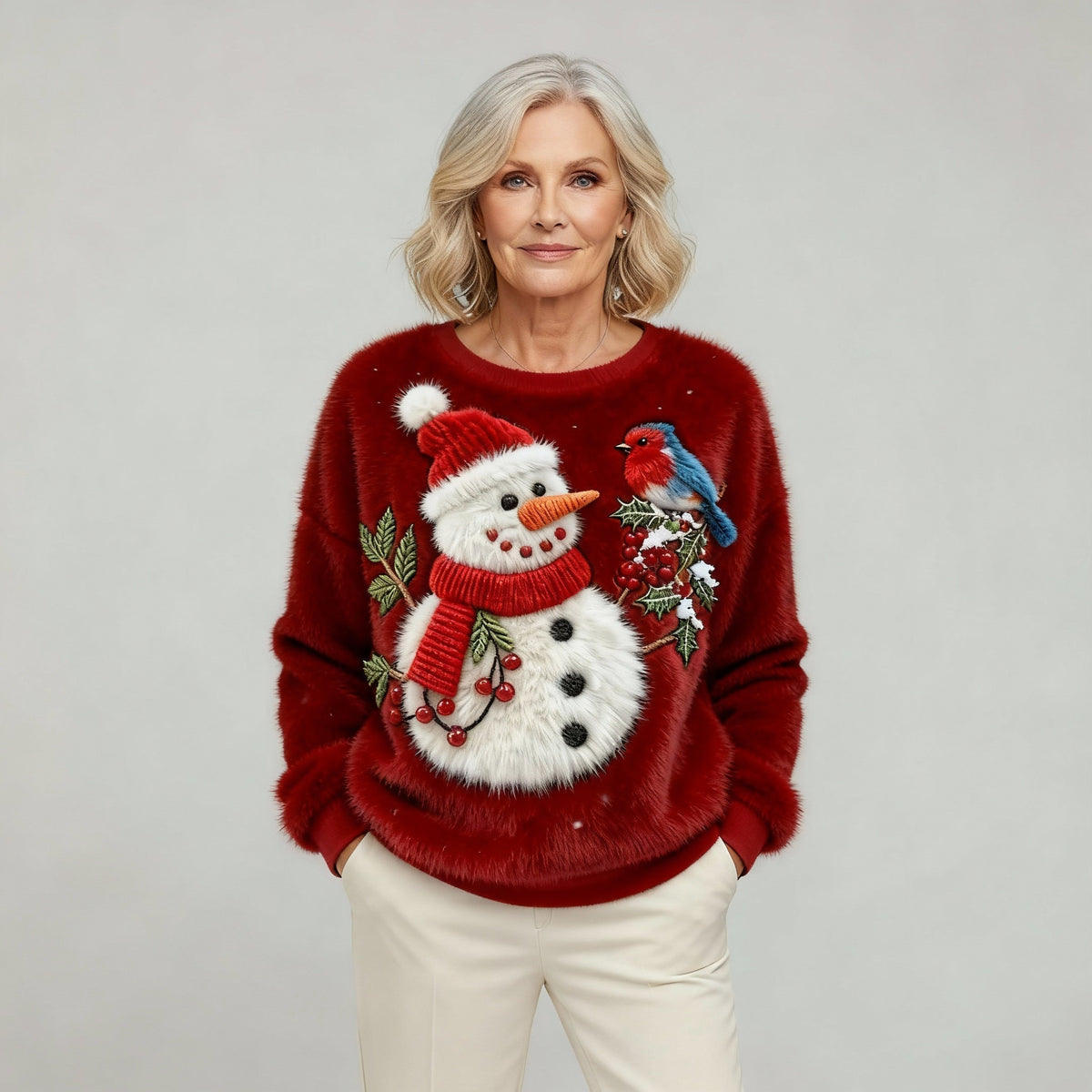 Winnie | Flannel Sweater Snowman and Birds Art for Women