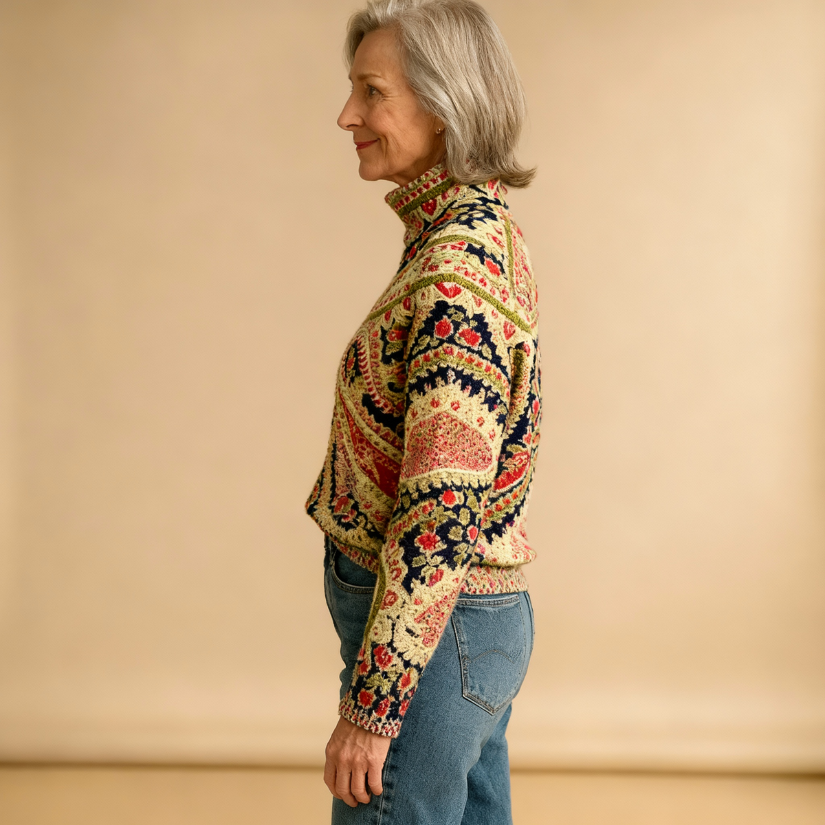 Poppy | Vintage Floral Knit Turtleneck Sweater