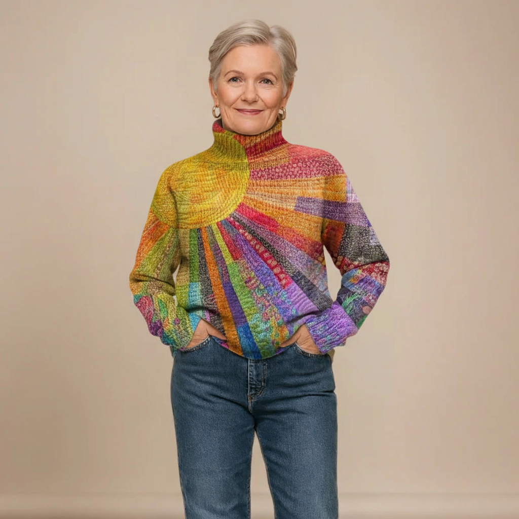 Mara | Colorful Sun Collage Print Knit Turtleneck Pullover Sweater