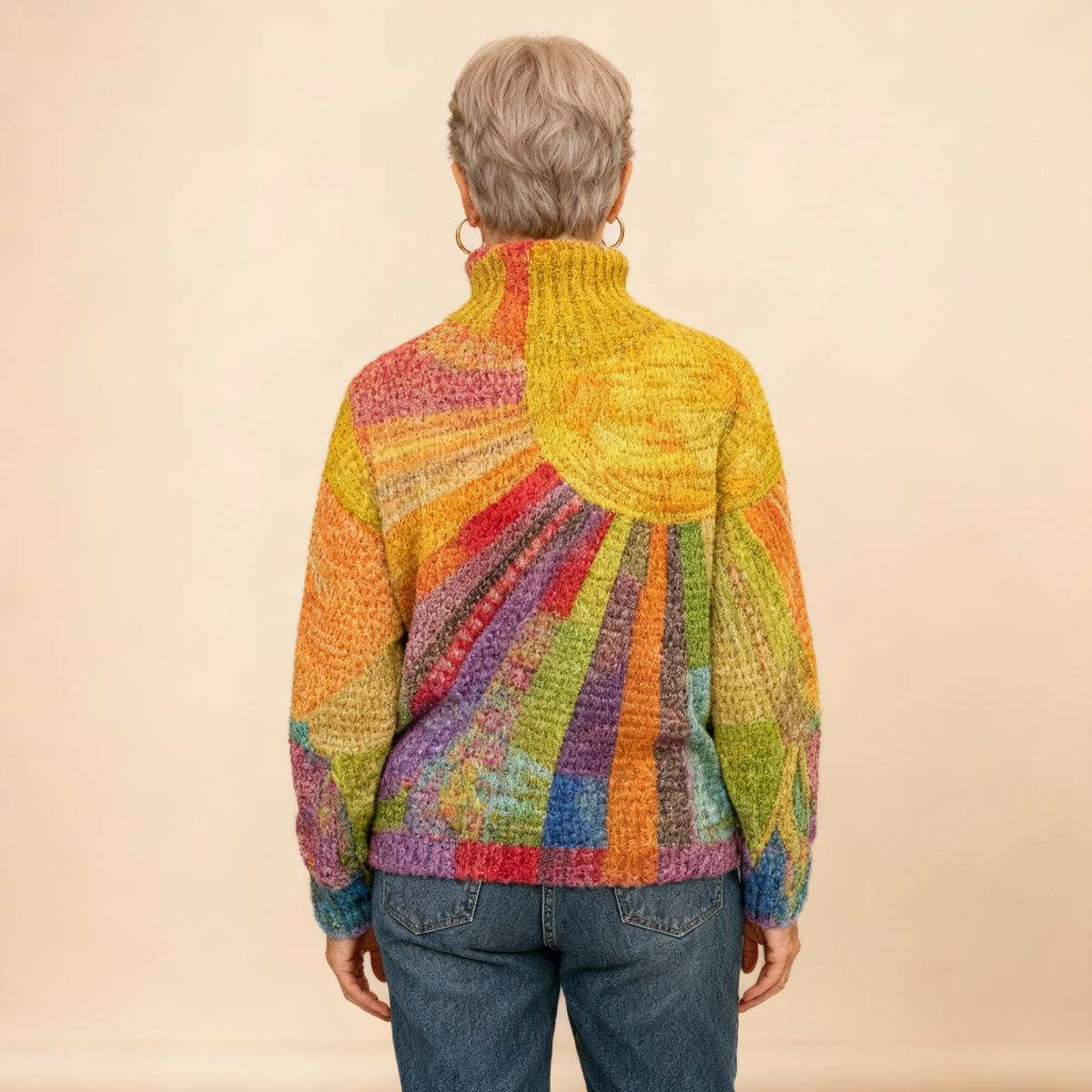Mara | Colorful Sun Collage Print Knit Turtleneck Pullover Sweater