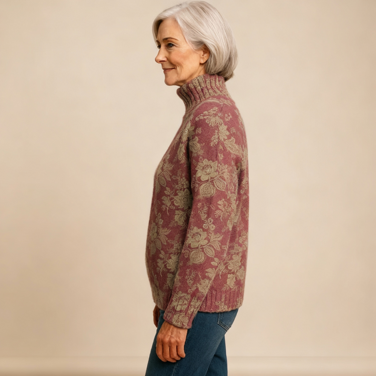 Harriet | Retro Rose Print Knit Turtleneck Sweater