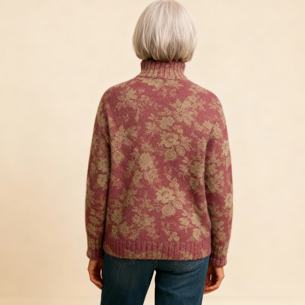 Harriet | Retro Rose Print Knit Turtleneck Sweater
