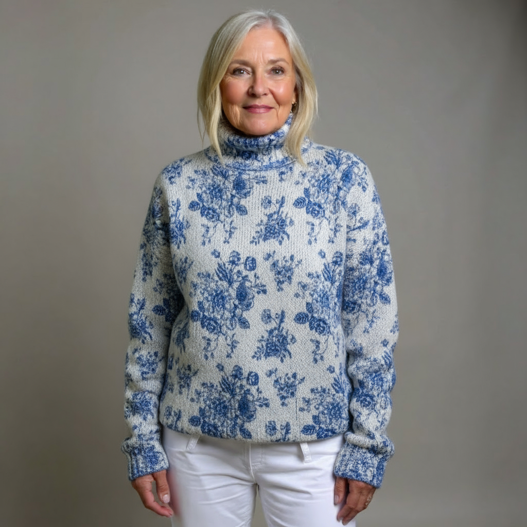 Maisie | Blue Blossom Knit Turtleneck Sweater